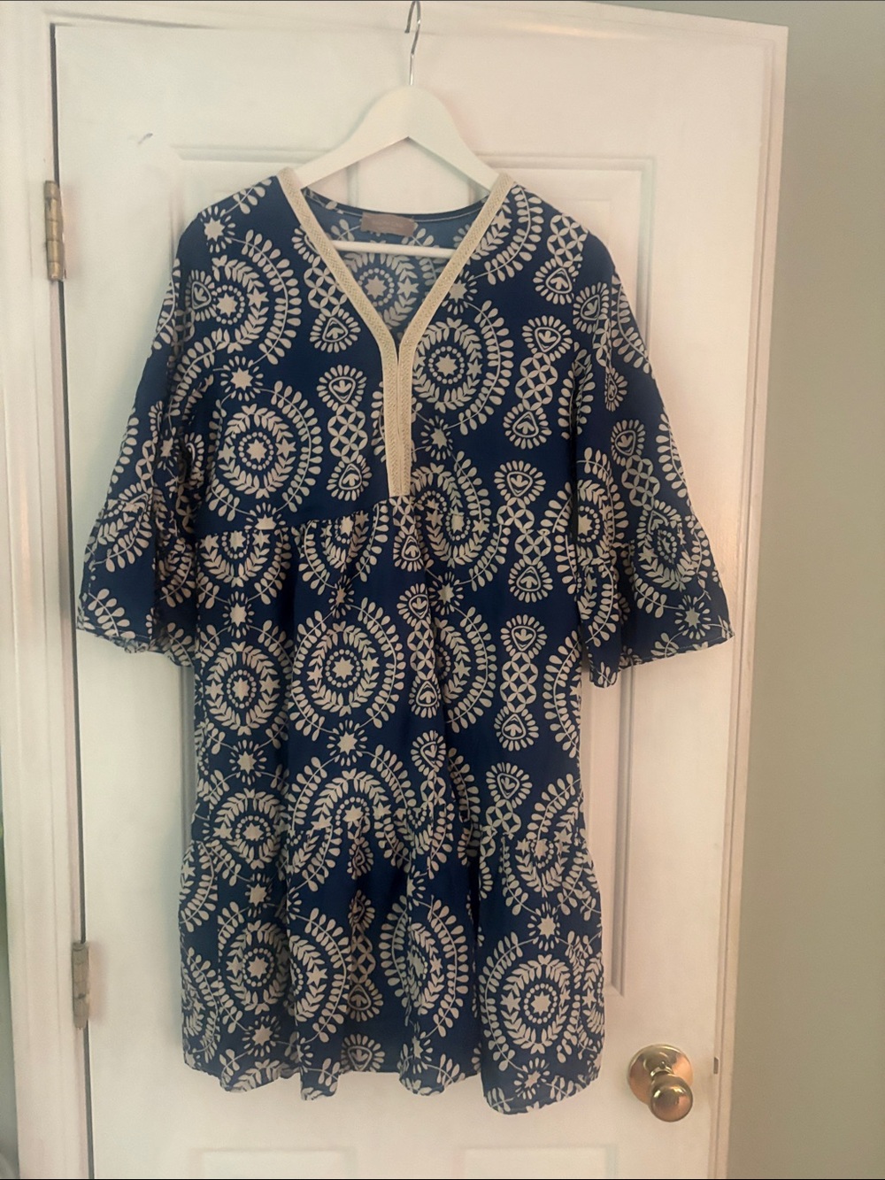 Navy and Cream Printed V-Neck Tunic Dress